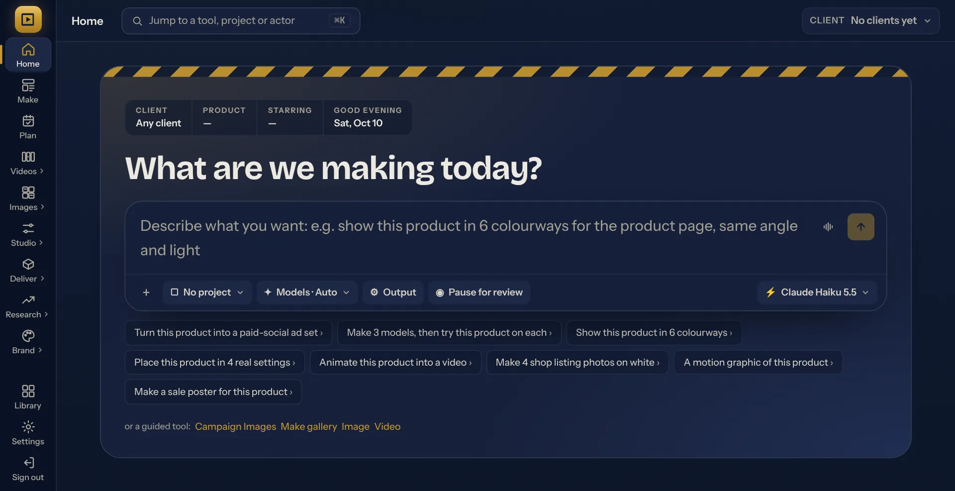 Clearcut studio home screen on a computer: &ldquo;What are we making today?&rdquo; with a prompt box and ideas such as turning a product into a paid-social ad set, placing it in real settings or animating it into a video, and a sidebar with Make, Plan, Videos, Images, Studio, Deliver, Research and Brand
