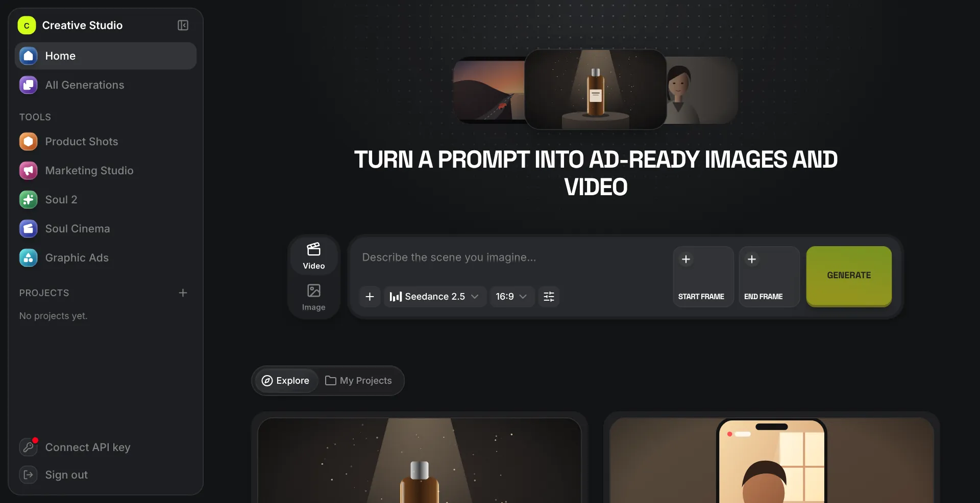 Creative Studio home screen on a computer: a prompt box with Video and Image modes and a model menu, Product Shots, Marketing Studio and Graphic Ads tools in the sidebar, and preset ideas such as a product hero spot and a creator-style review