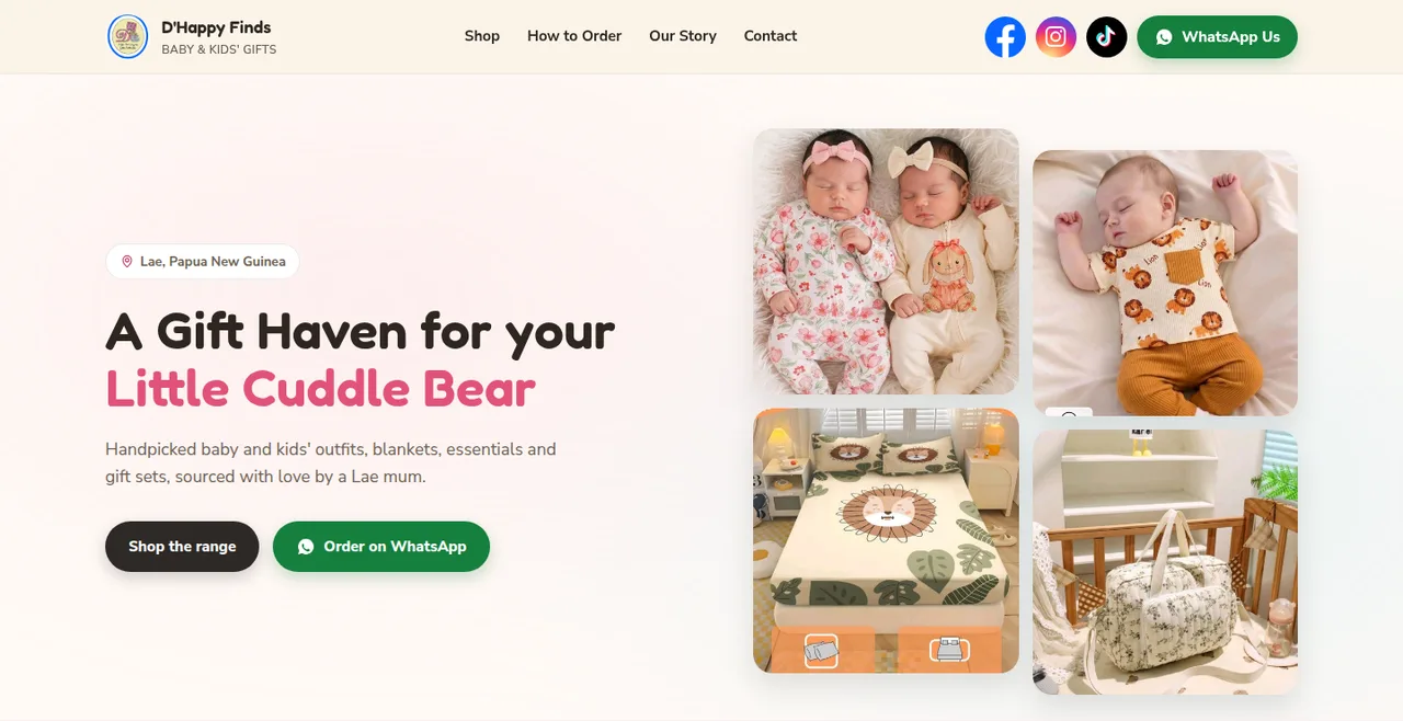 D'Happy Finds homepage on a computer: &ldquo;A Gift Haven for your Little Cuddle Bear&rdquo;, with baby outfit and bedding photos