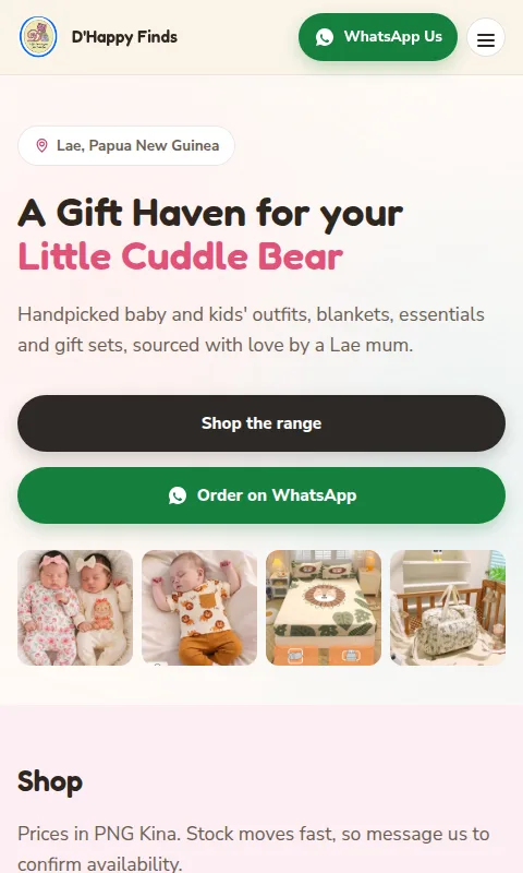 The same homepage on a phone, with Shop the range and Order on WhatsApp buttons