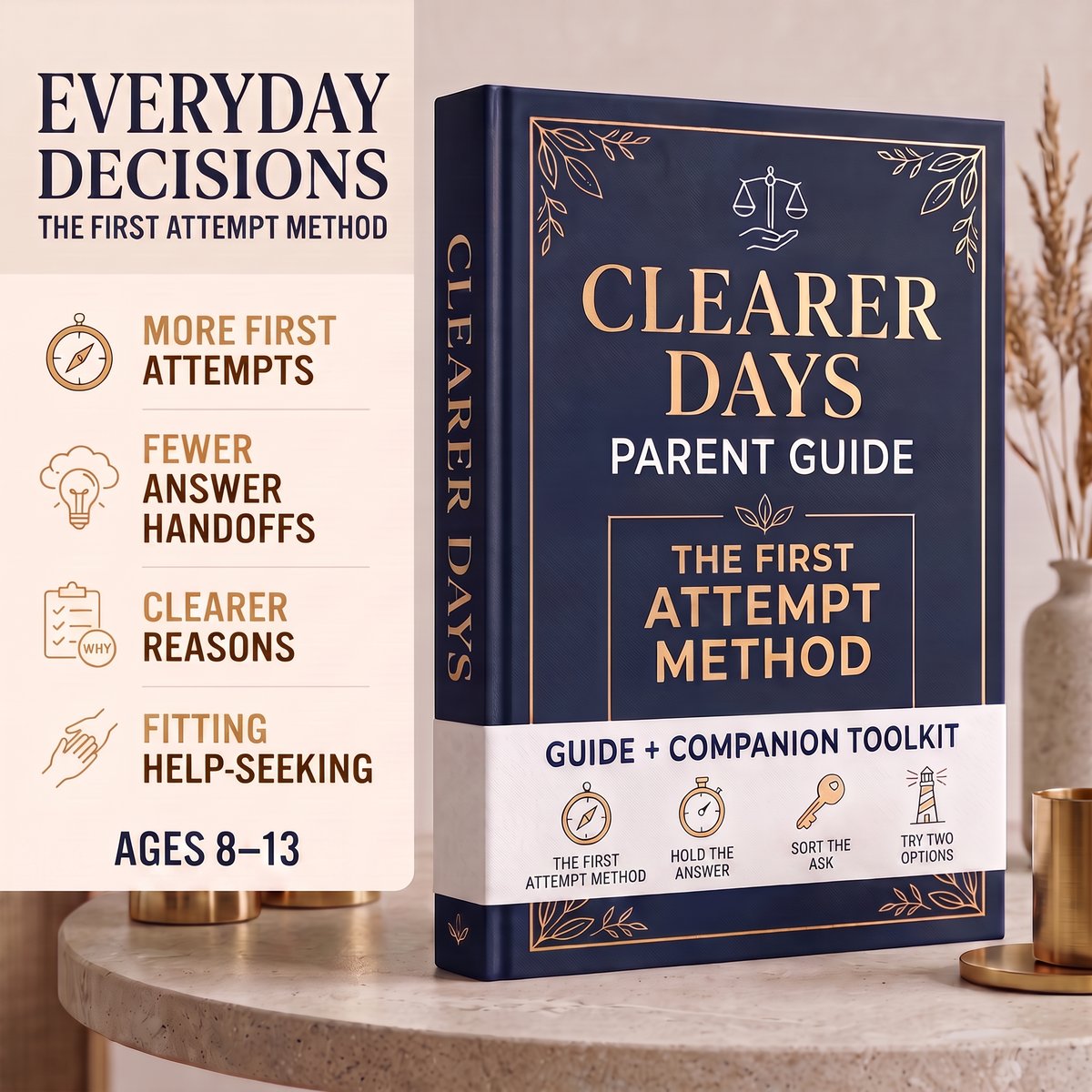 First Attempt Method guide and Companion Toolkit mockup for everyday decisions, ages 8–13
